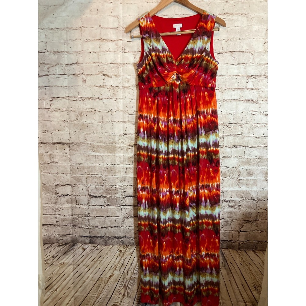 Chico's Maxi Dress Womens Small Rust Red Tie Dye Twist Front Long Stretchy